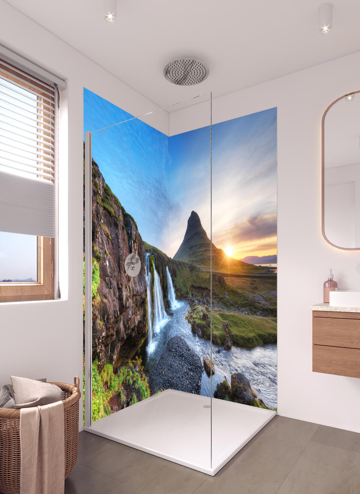 Duschrückwand - Wasserfall bei Sonnenuntergang in hellem Badezimmer mit Regenduschkopf - zweiteilige Eck-Duschrückwand
