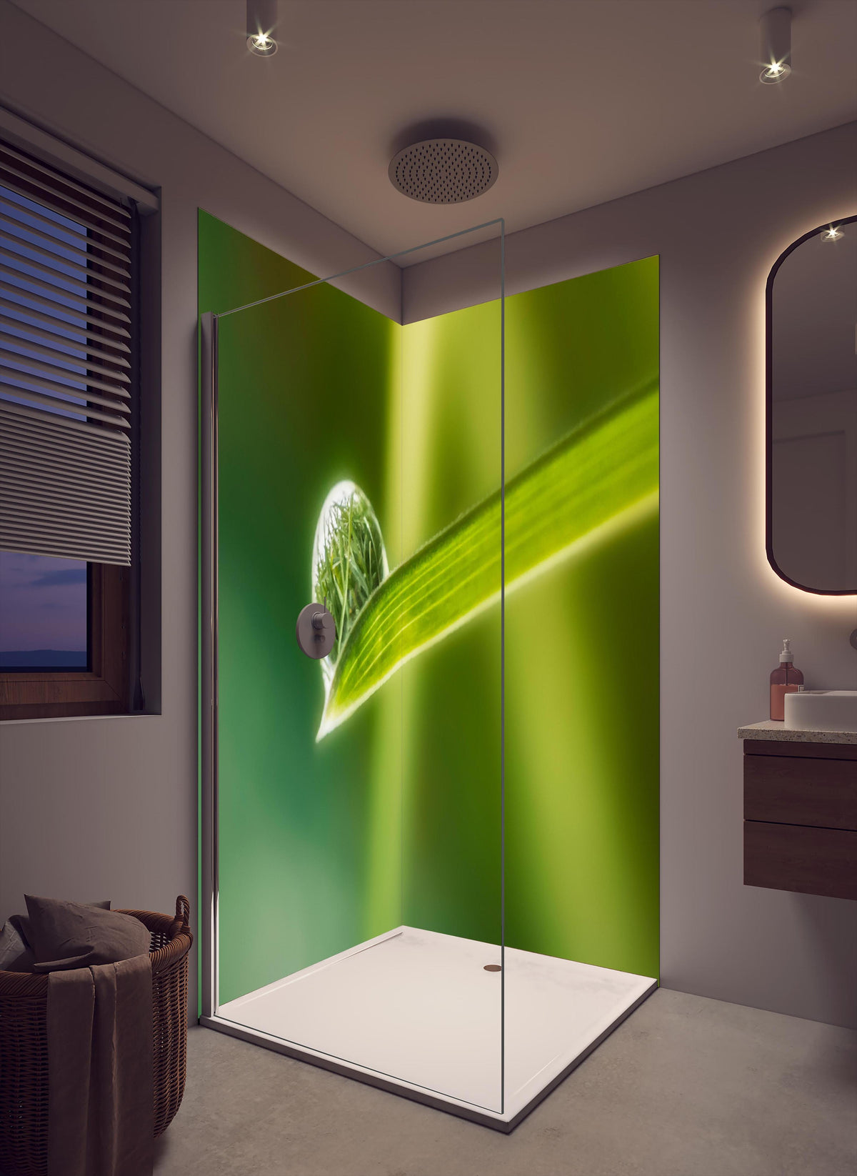 Duschrückwand - Wassertropfen in cremefarbenem Badezimmer mit Regenduschkopf