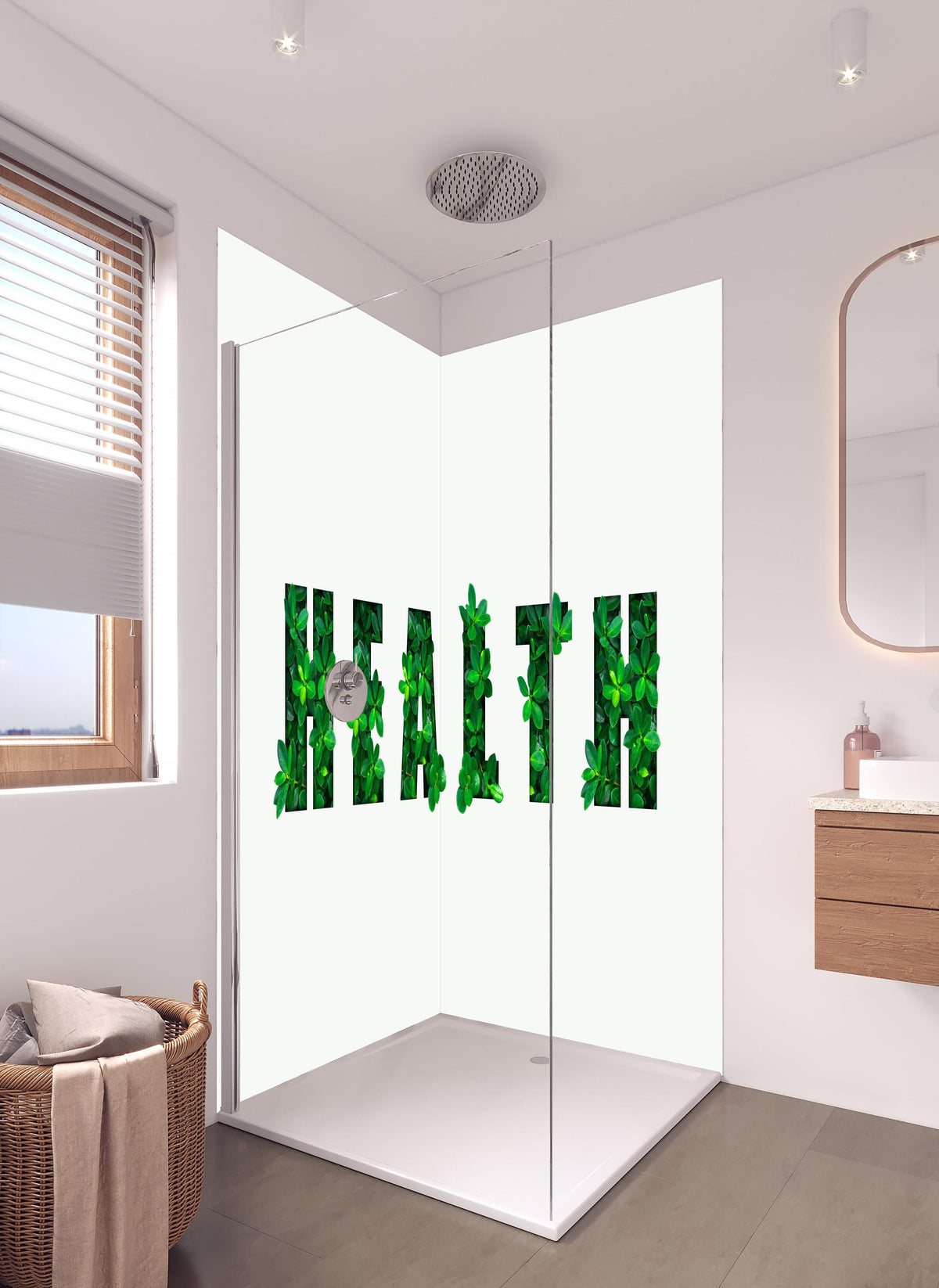 Duschrückwand - Wort HEALTH aus grünen Blättern in hellem Badezimmer mit Regenduschkopf - zweiteilige Eck-Duschrückwand