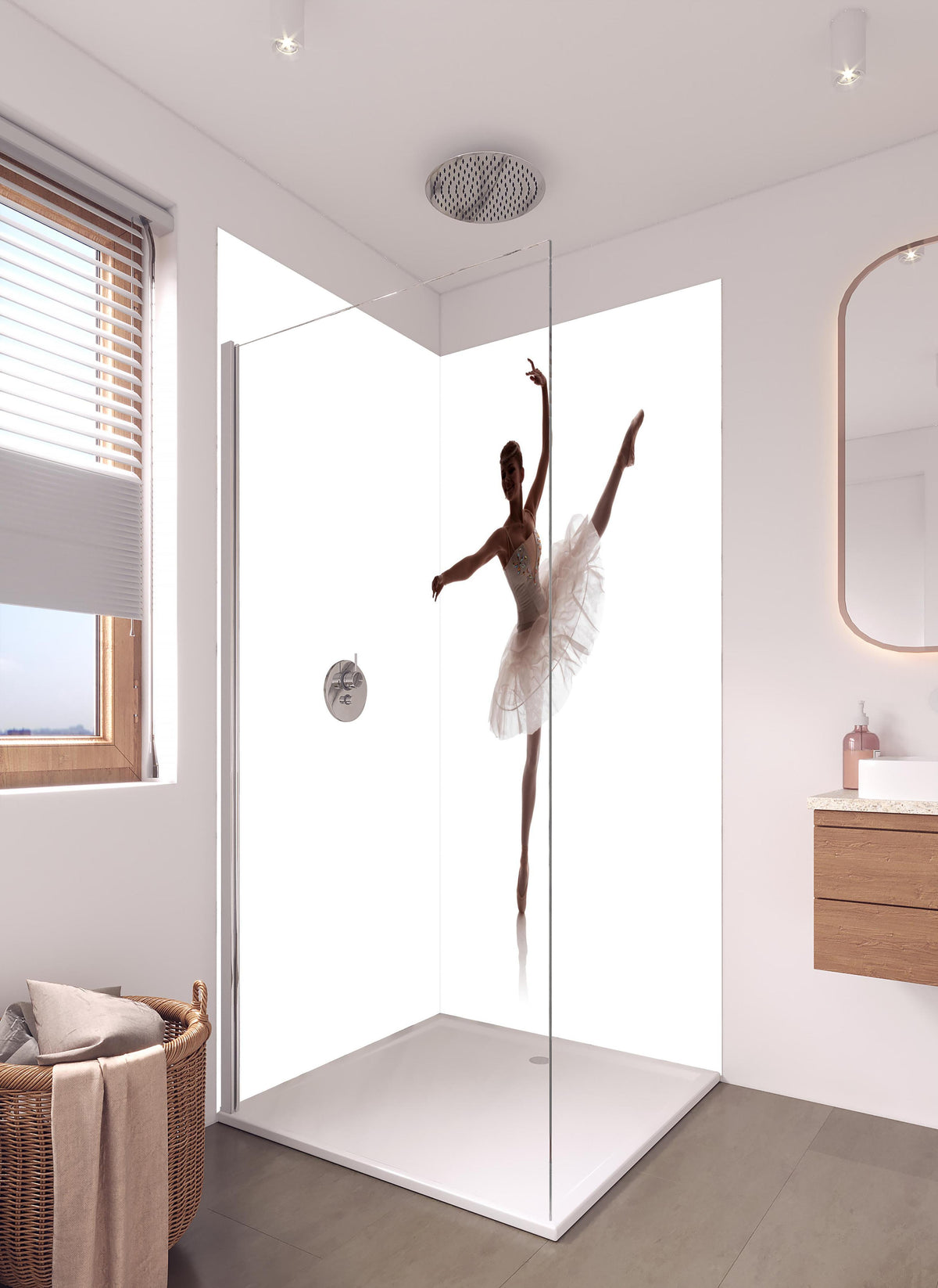 Duschrückwand - Wundervolle Ballerina in hellem Badezimmer mit Regenduschkopf - zweiteilige Eck-Duschrückwand