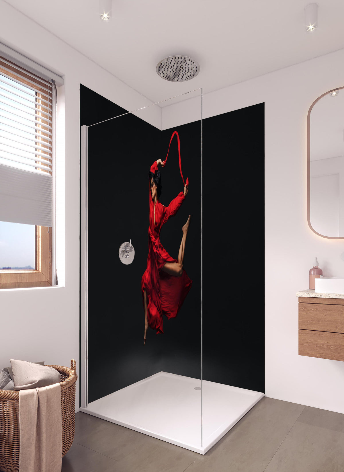 Duschrückwand - Zeitgenössische Tänzerin in hellem Badezimmer mit Regenduschkopf - zweiteilige Eck-Duschrückwand