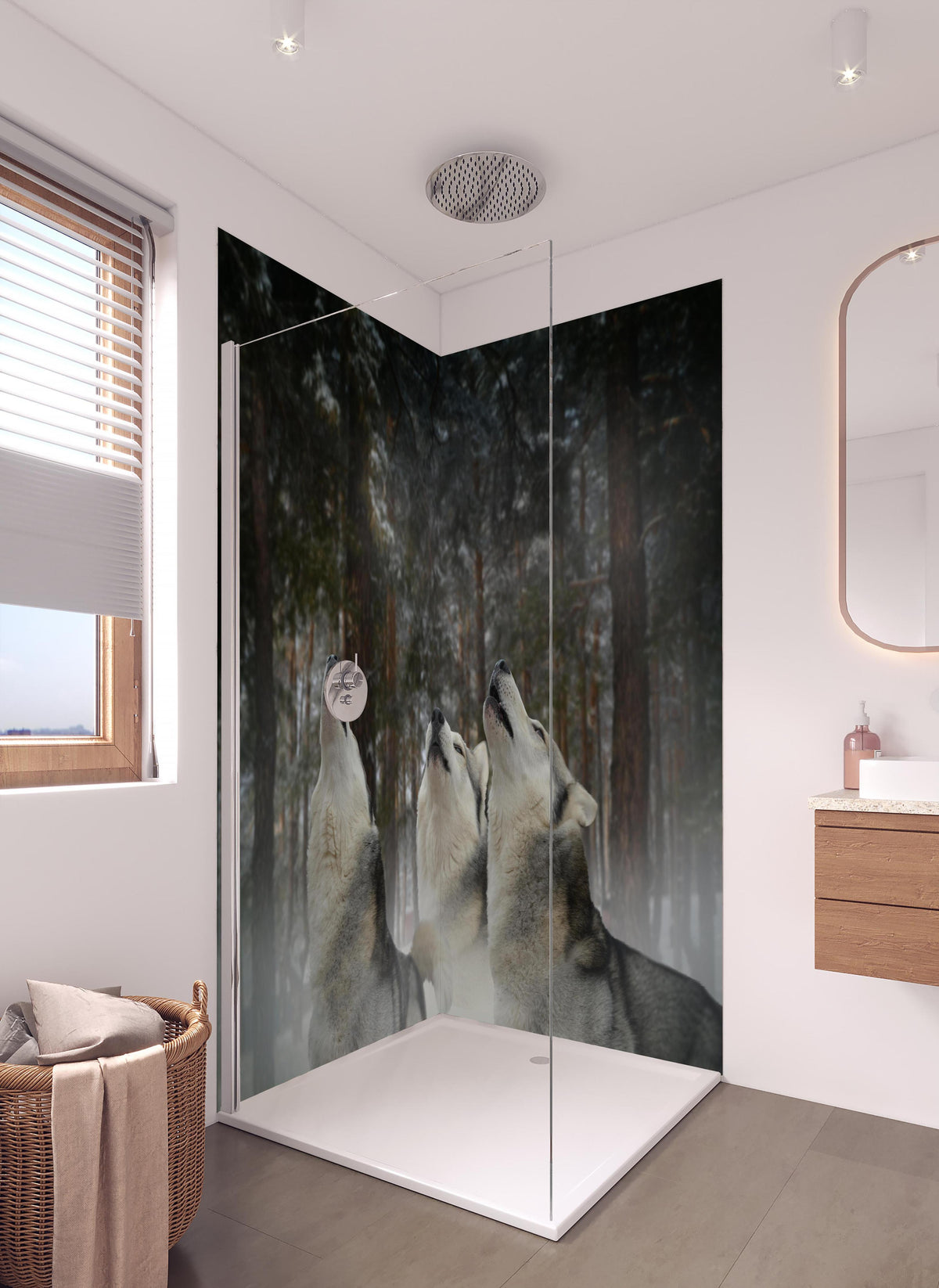 Duschrückwand - drei heulende Wölfe in hellem Badezimmer mit Regenduschkopf - zweiteilige Eck-Duschrückwand
