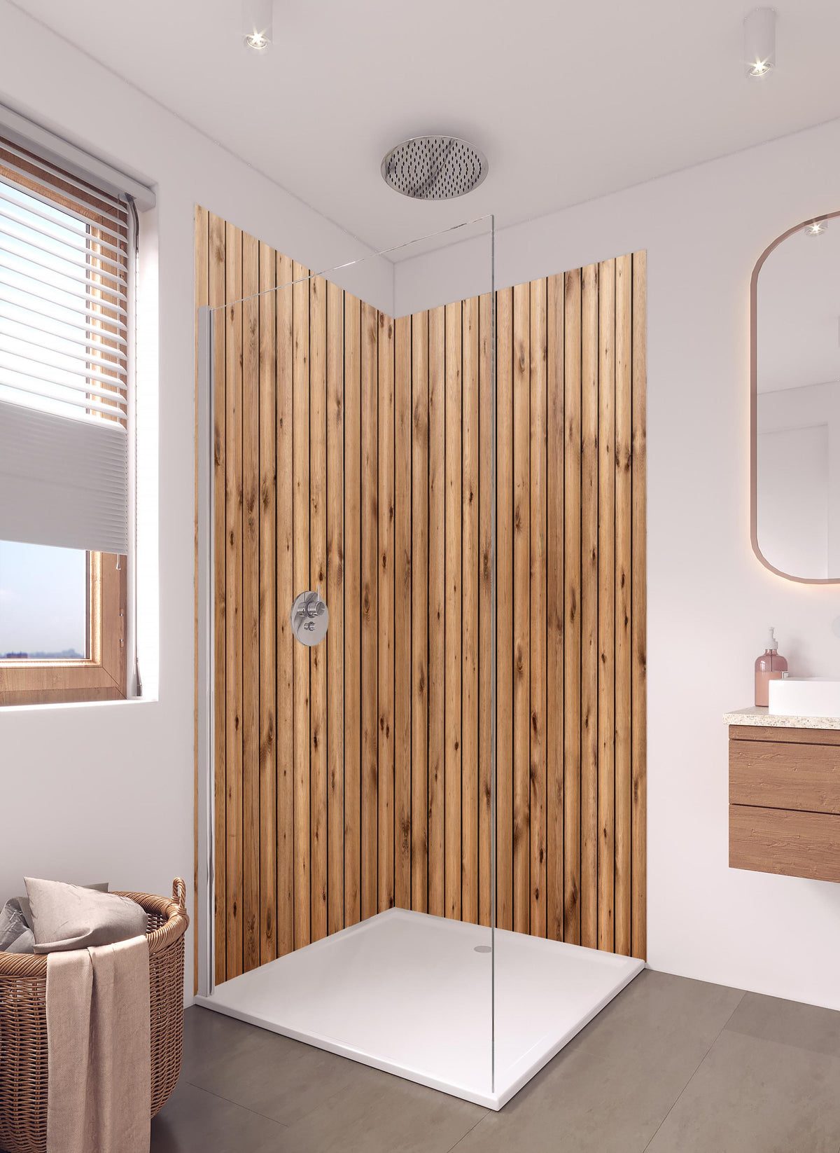 Duschrückwand - Hochauflösende Holzbrett-Struktur in hellem Badezimmer mit Regenduschkopf - zweiteilige Eck-Duschrückwand