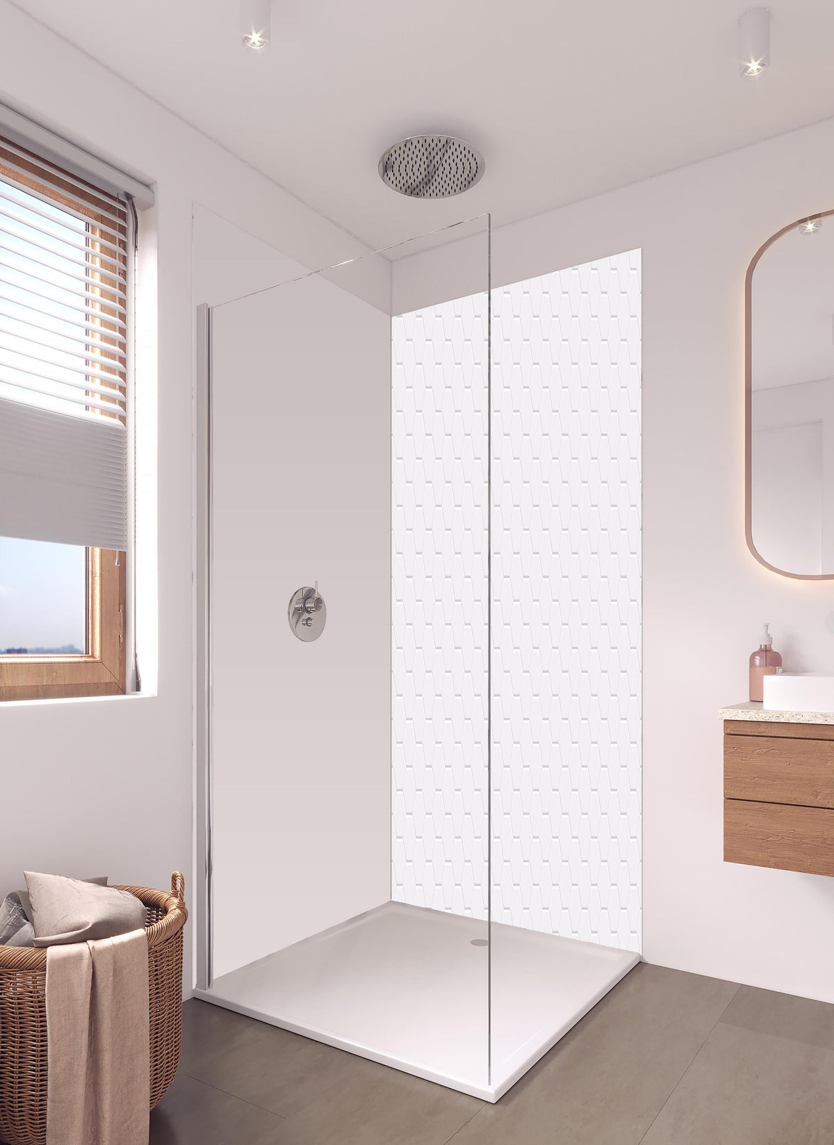 Duschrückwand - Moderne Weiß und Grau Mauerwerktextur in hellem Badezimmer mit Regenduschkopf - zweiteilige Eck-Duschrückwand
