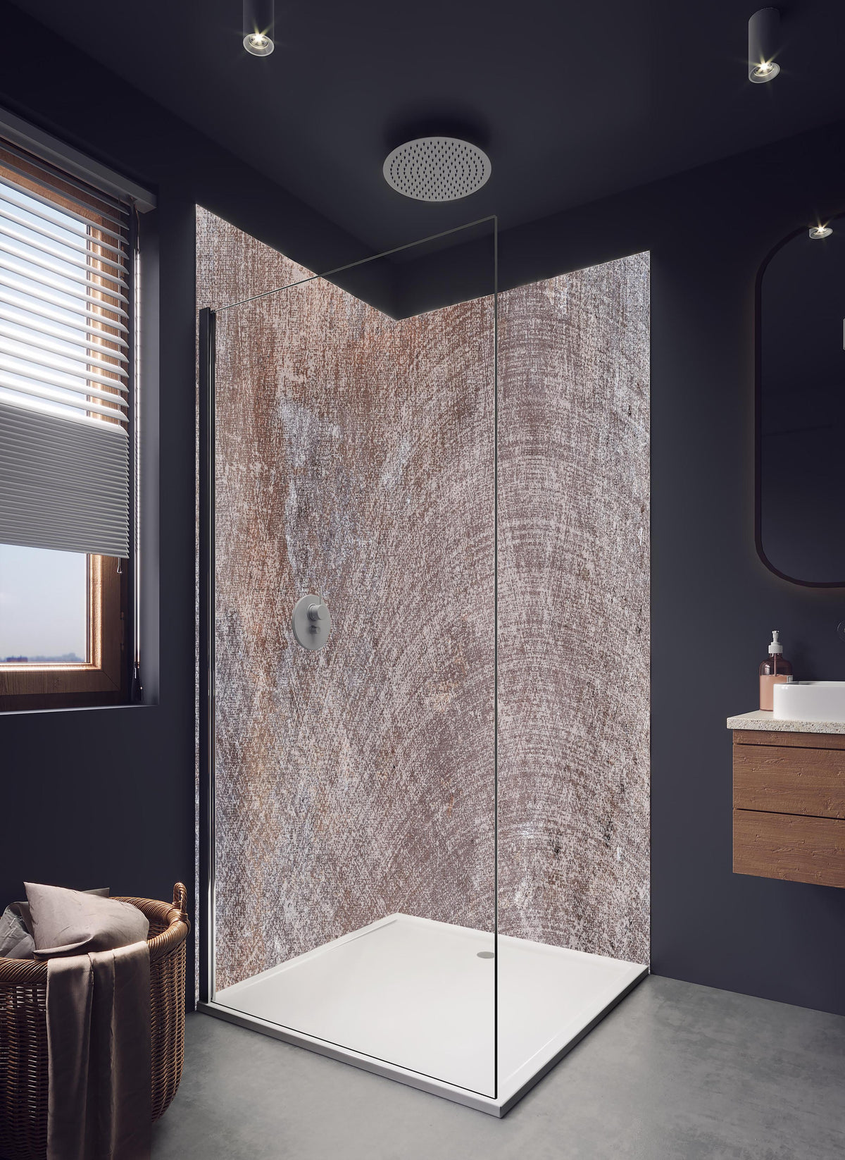 Duschrückwand - Moderne graue Marmor Betontextur in hellem Badezimmer mit Regenduschkopf - zweiteilige Eck-Duschrückwand