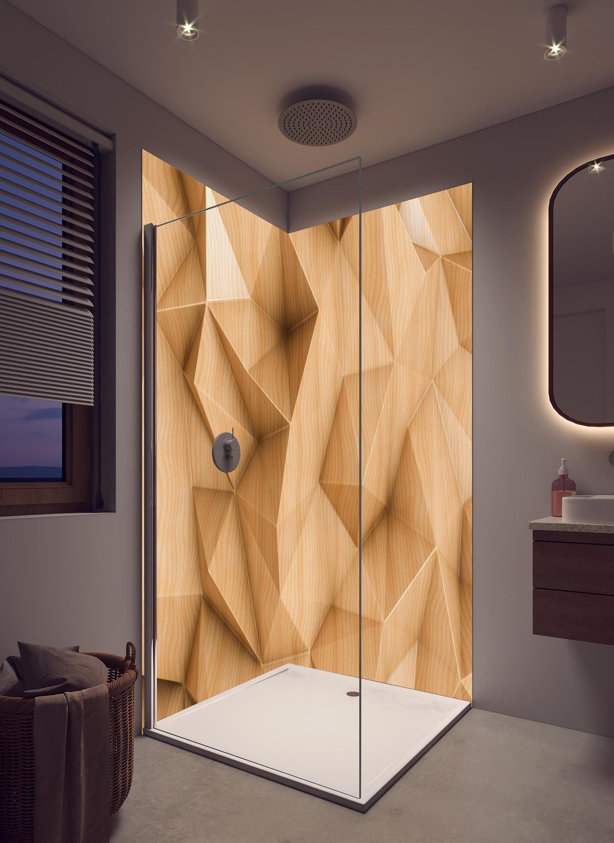 Duschrückwand - Polygonaler abstrakter Hintergrund in hellem Badezimmer mit Regenduschkopf - zweiteilige Eck-Duschrückwand