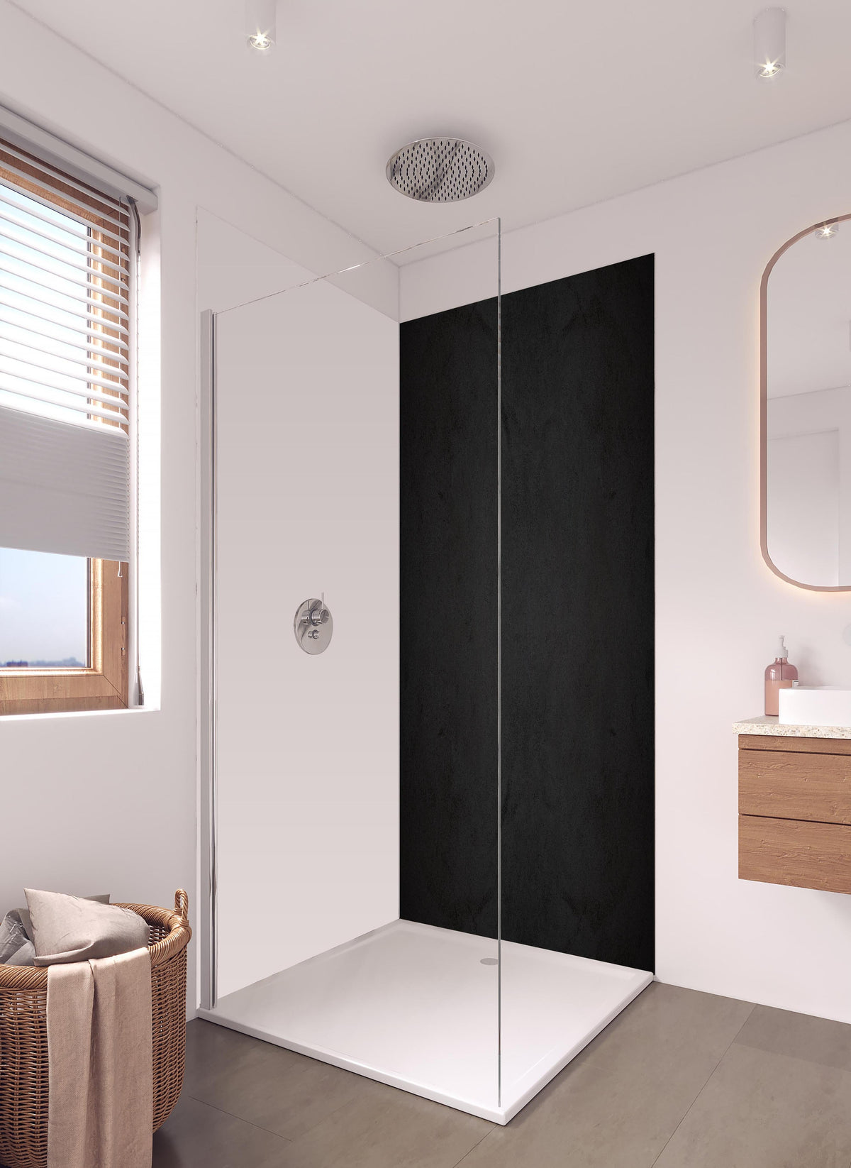 Duschrückwand - Schwarze anthrazit Textur in hellem Badezimmer mit Regenduschkopf - zweiteilige Eck-Duschrückwand