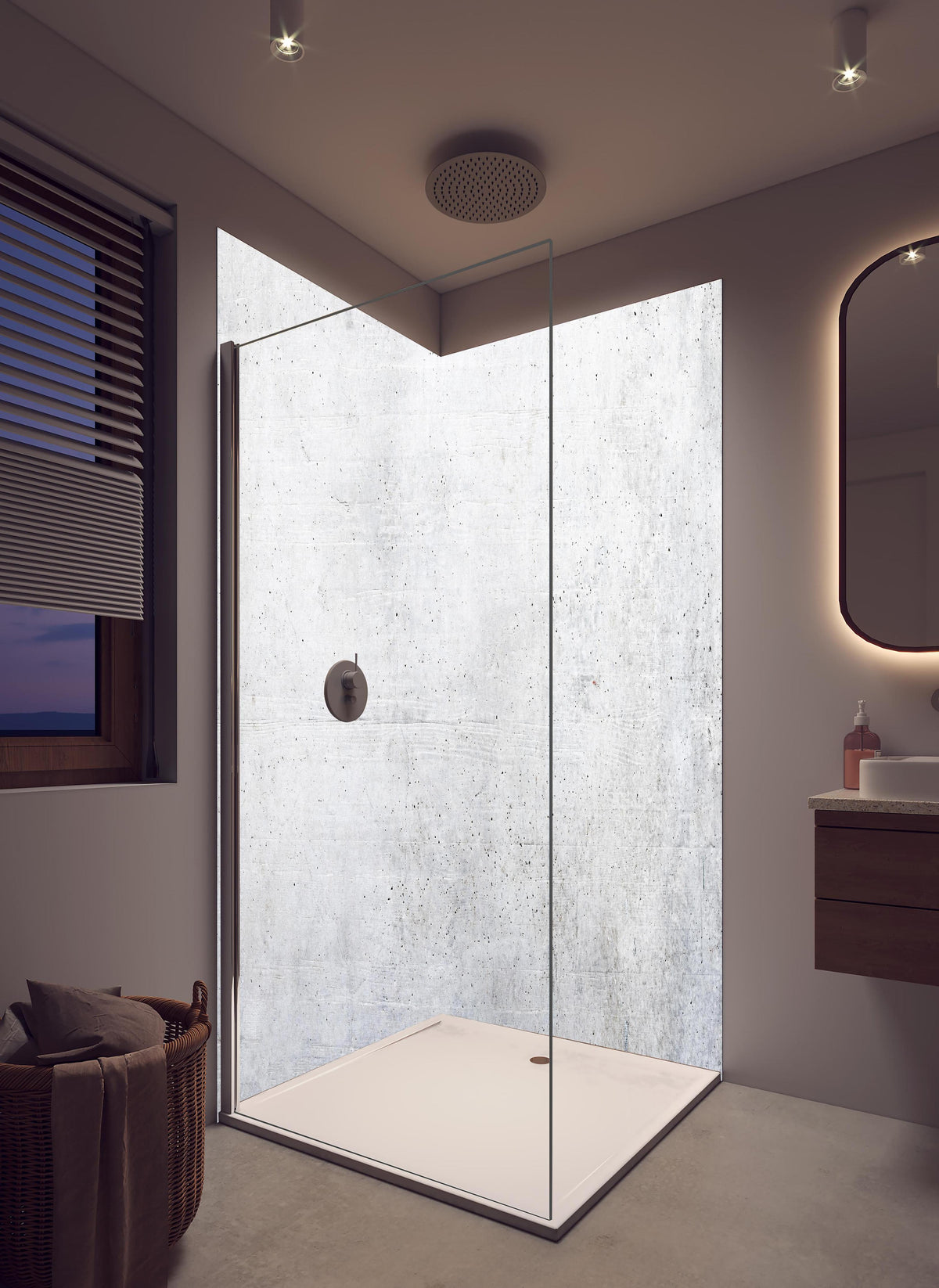 Duschrückwand - Weißes Zement Design in hellem Badezimmer mit Regenduschkopf - zweiteilige Eck-Duschrückwand