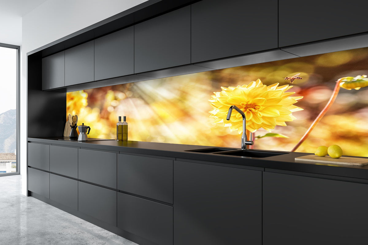 Küche - Gelbe Dahlie in tiefschwarzer matt-premium Einbauküche
