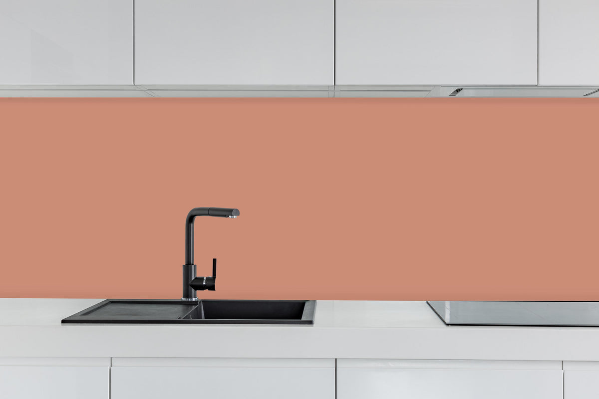 Küche - RAL 3012 (Beige-Rot) hinter weißen Hochglanz-Küchenregalen und schwarzem Wasserhahn