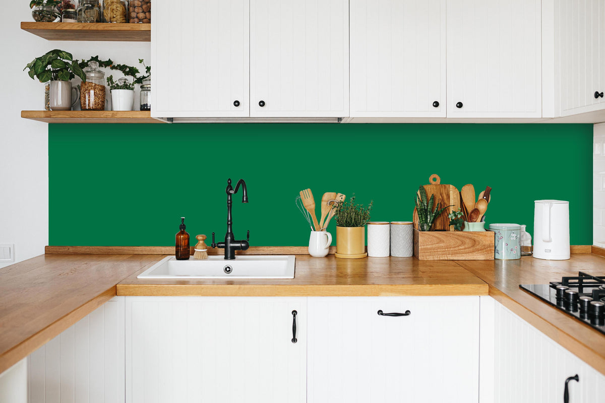 Küche - RAL 6029 (Mintgrün) in weißer Küche hinter Gewürzen und Kochlöffeln aus Holz