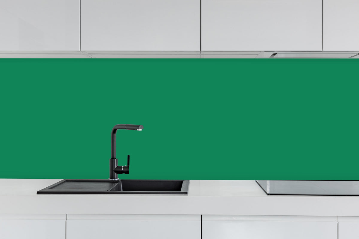 Küche - RAL 6032 (Signalgrün) hinter weißen Hochglanz-Küchenregalen und schwarzem Wasserhahn