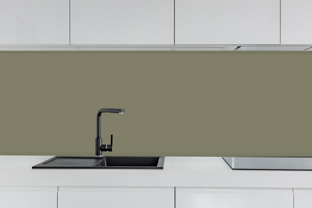 Küche - RAL 7002 (Olivgrau) hinter weißen Hochglanz-Küchenregalen und schwarzem Wasserhahn