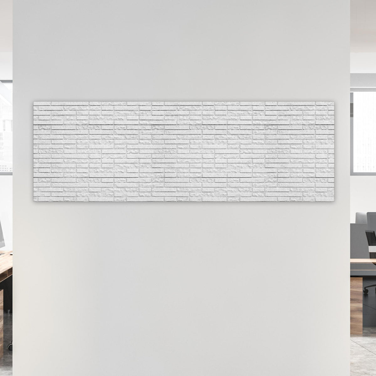 Office Poster - Abstrakte weiße Backsteinmauer an weißer Wand in hell eingerichtetem Büro Zoom