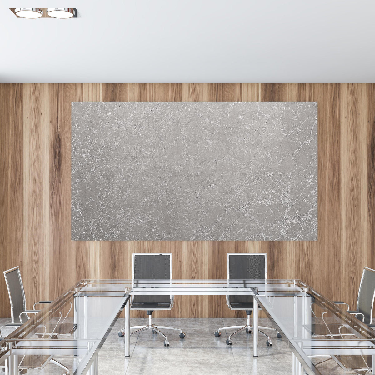 Office Poster - Abstrakter Silbermarmor in einem Konferenzraum mit Glastisch und Holzwand