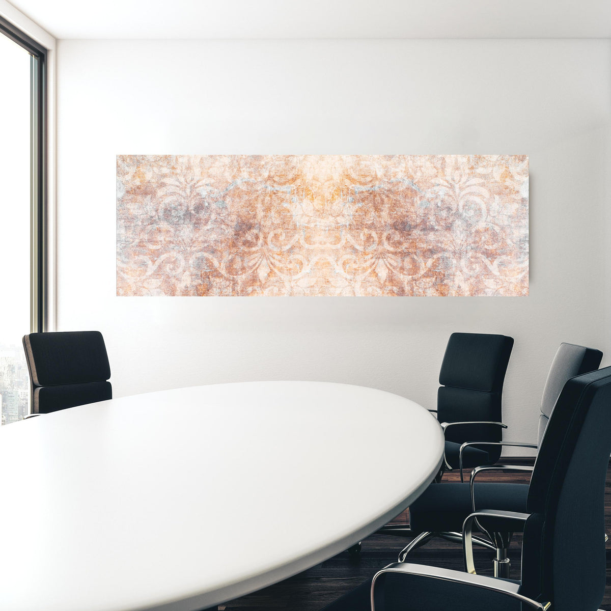 Office Poster - Alte braun-orange-weiß Fliesenpatchwork in einem Konferenzraum hinter weißem ovalem Tisch