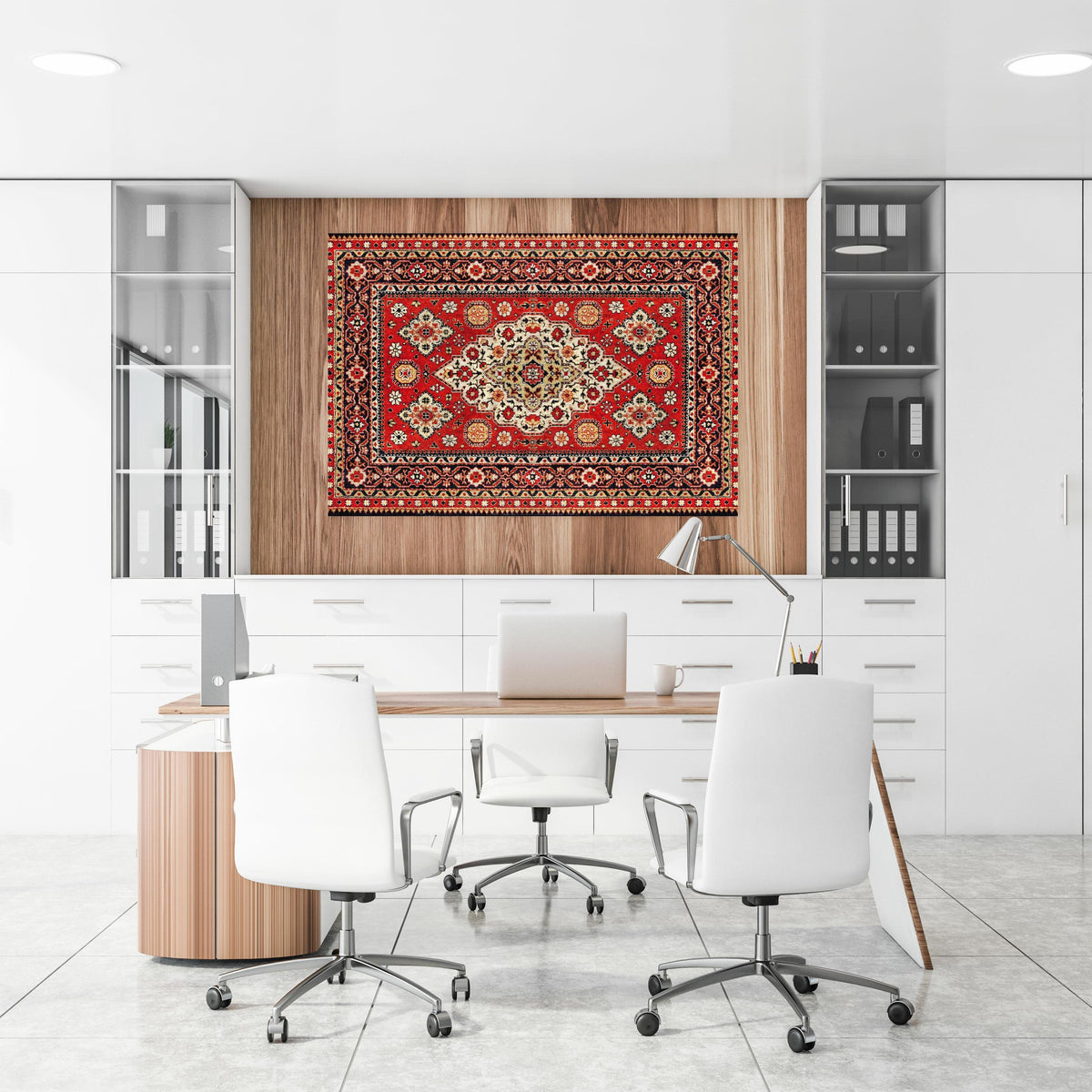 Office Poster - Alter roter Perserteppich Textur an einer Holzwand hängend im Büroraum
Office Poster - Alter roter Perserteppich Textur an einer Holzwand hängend im Büroraum