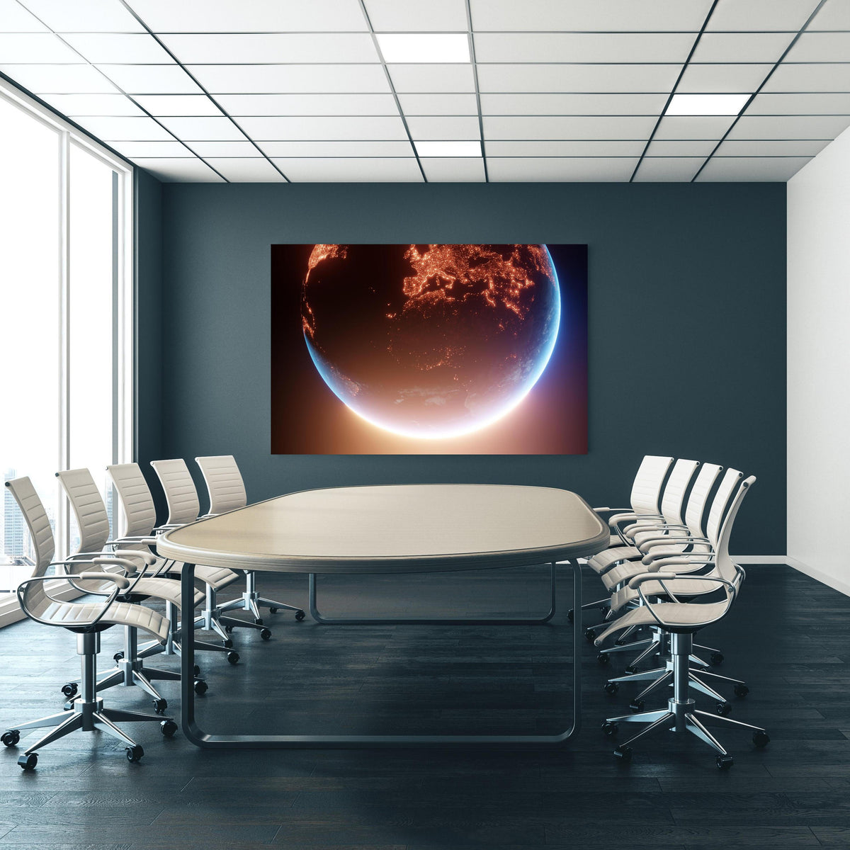 Office Poster - Blick auf Planeten an blauer Wand in einem Besprechungsraum