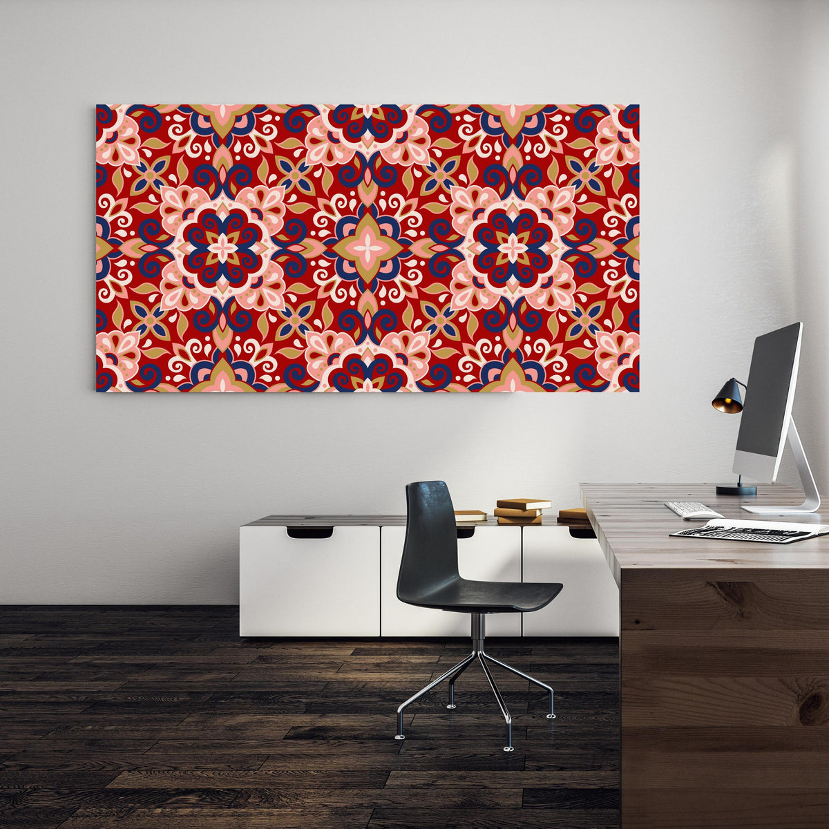 Office Poster - Blumige Fliesen an einer Wand in minimalistisch eingerichtetem Heim-Büro