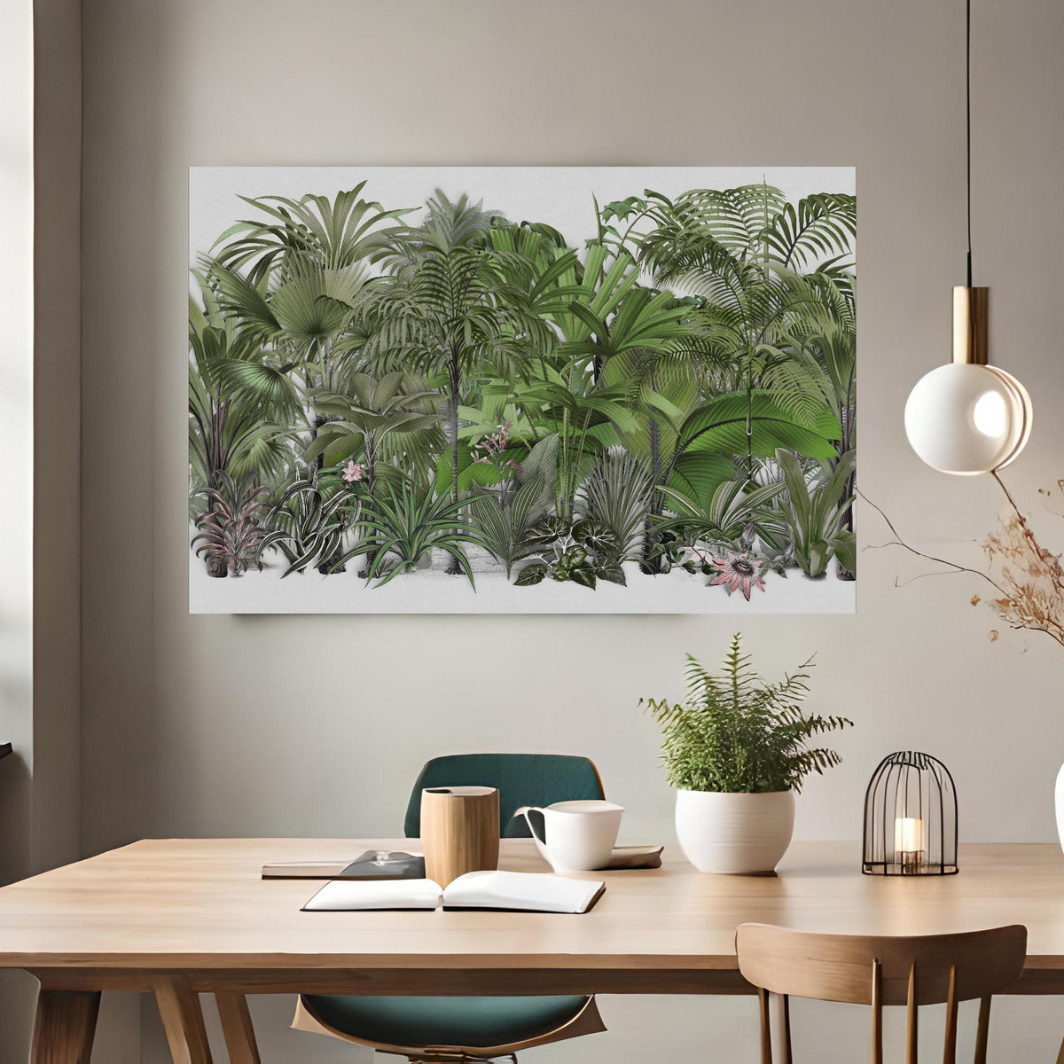 Office Poster - Exotische Sträuche über klassischem Holztisch mit runder Vase - rechteckig