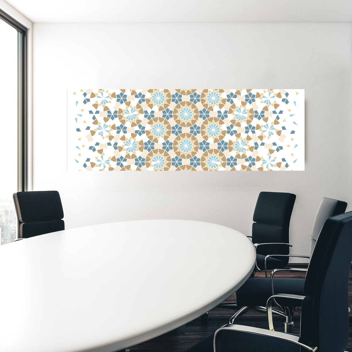Office Poster - Fliesen eckige Geometrie in einem Konferenzraum hinter weißem ovalem Tisch