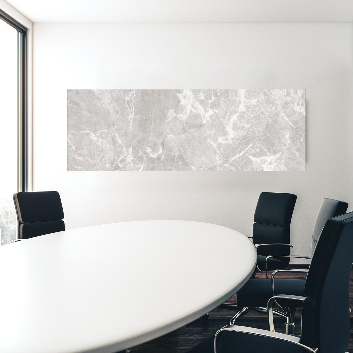 Office Poster - Graues Fliesen Muster in einem Konferenzraum hinter weißem ovalem Tisch