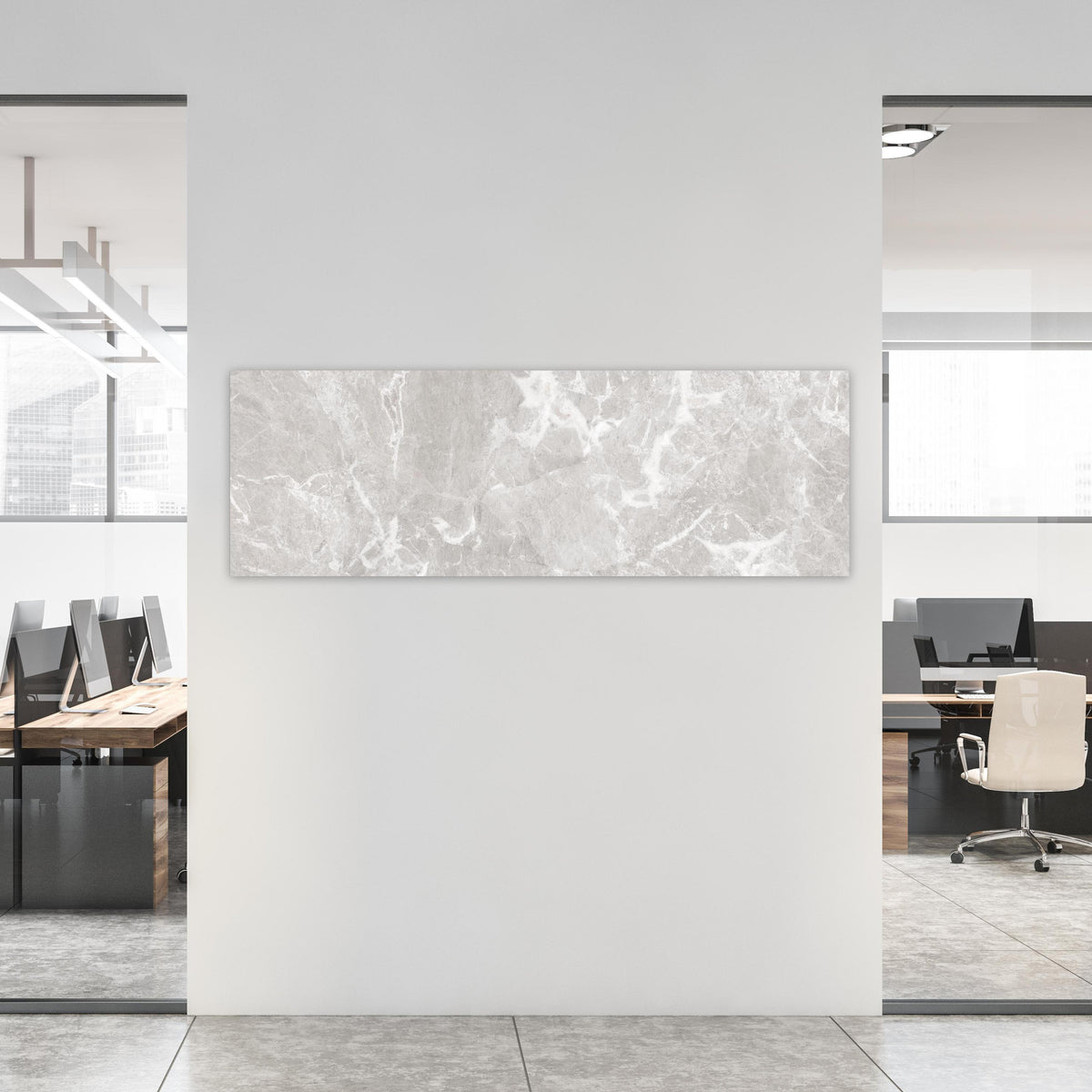 Office Poster - Graues Fliesen Muster an weißer Wand in hell eingerichtetem Büro