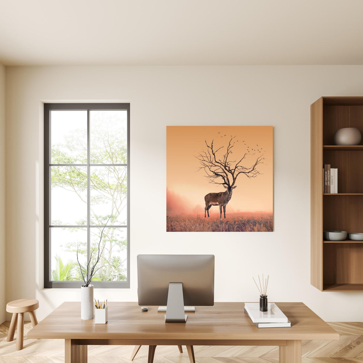 Office Poster - Hirsch mit abstraktem Baum-Geweih in privatem Bürozimmer mit Holzschrank