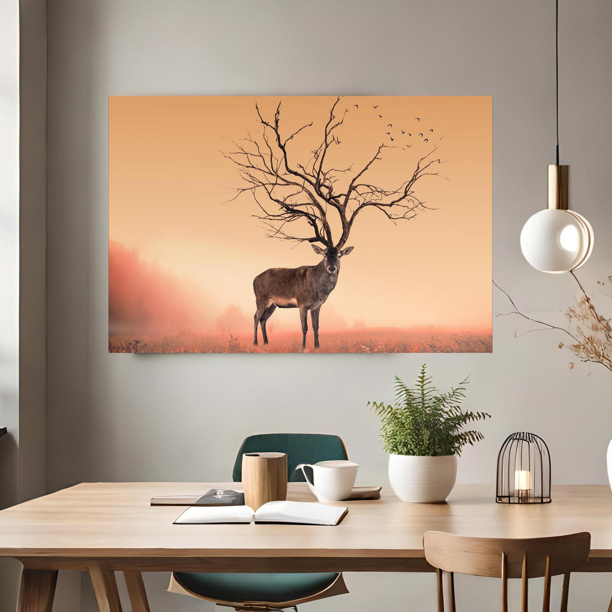 Office Poster - Hirsch mit abstraktem Baum-Geweih über klassischem Holztisch mit runder Vase - rechteckig