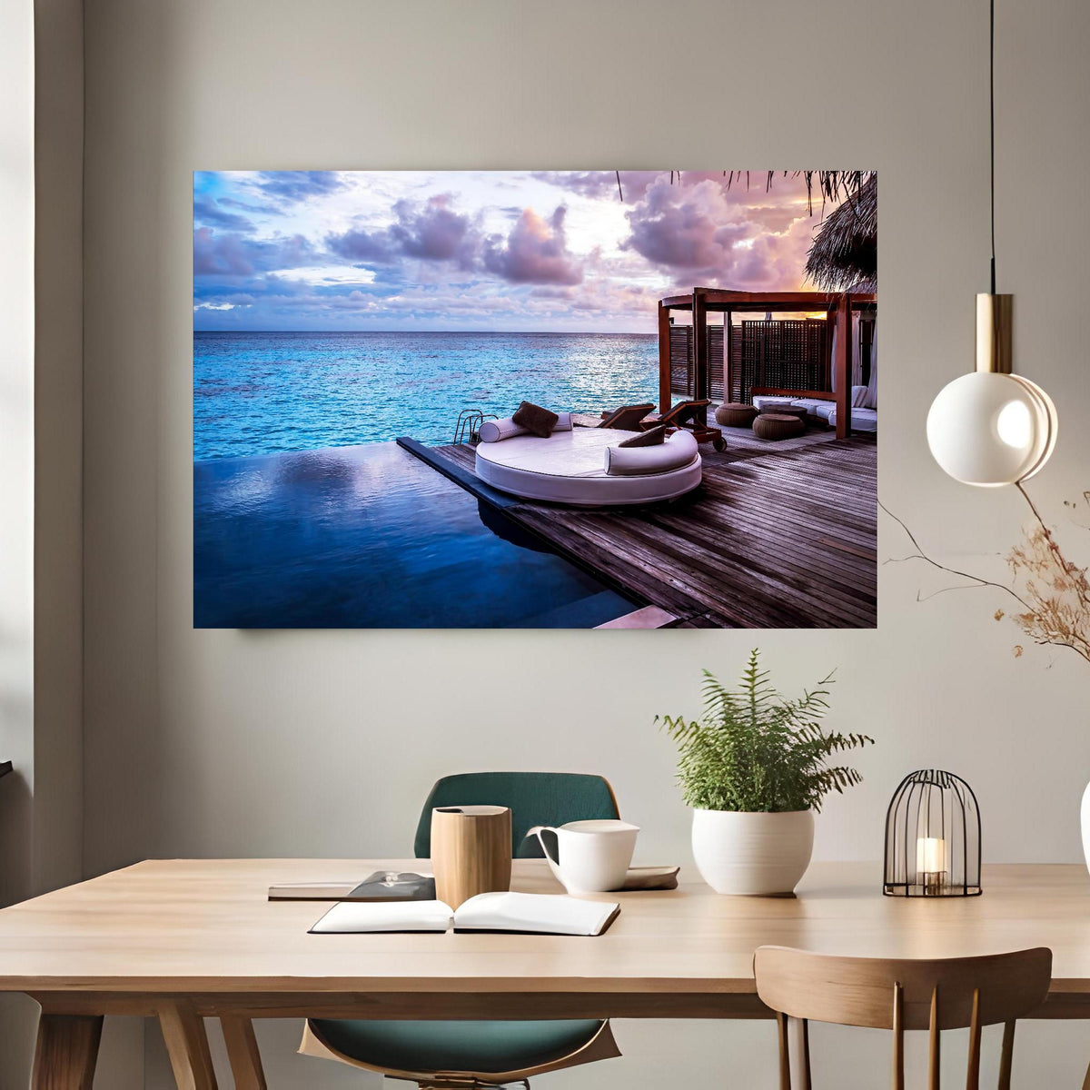 Office Poster - Malediven Strandresort am Meer über klassischem Holztisch mit runder Vase - rechteckig