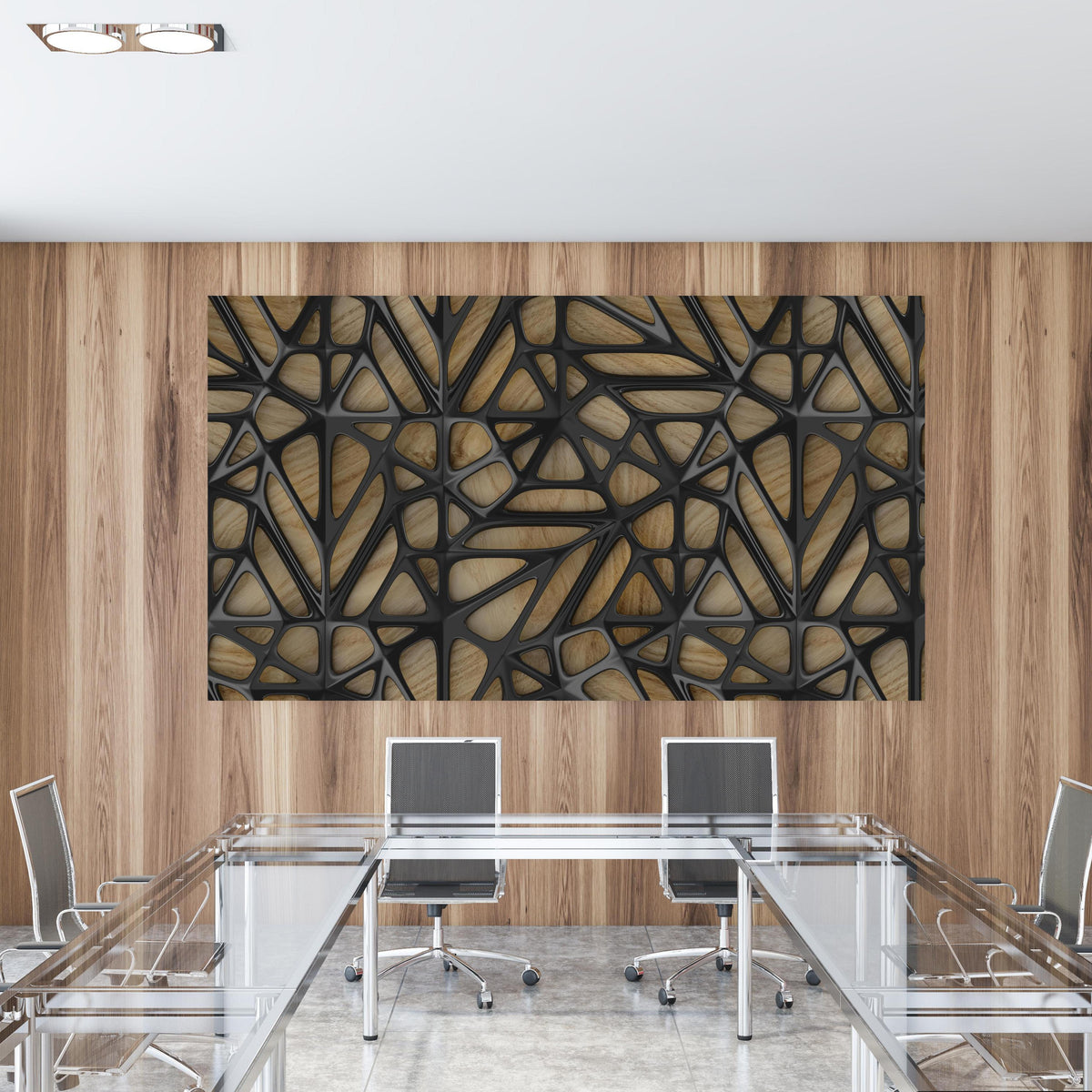 Office Poster - Schwarzes Gitter Muster in einem Konferenzraum mit Glastisch und Holzwand
