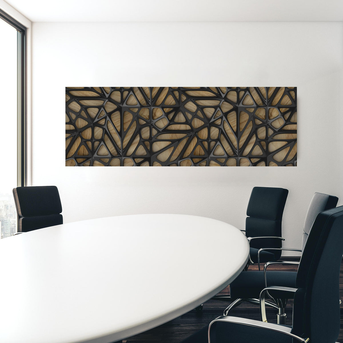 Office Poster - Schwarzes Gitter Muster in einem Konferenzraum hinter weißem ovalem Tisch