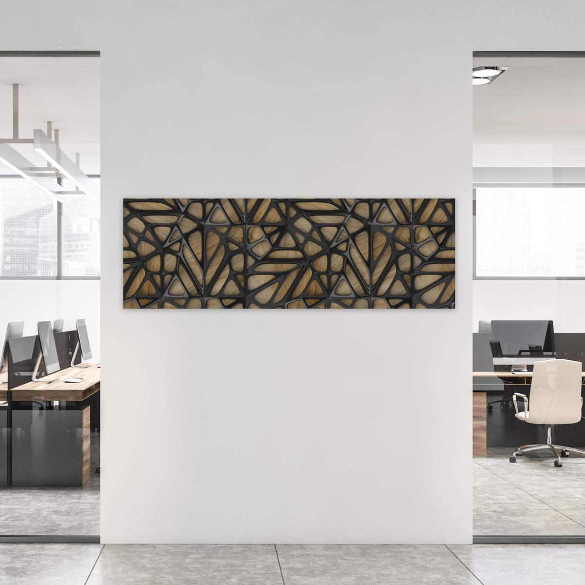 Office Poster - Schwarzes Gitter Muster an weißer Wand in hell eingerichtetem Büro