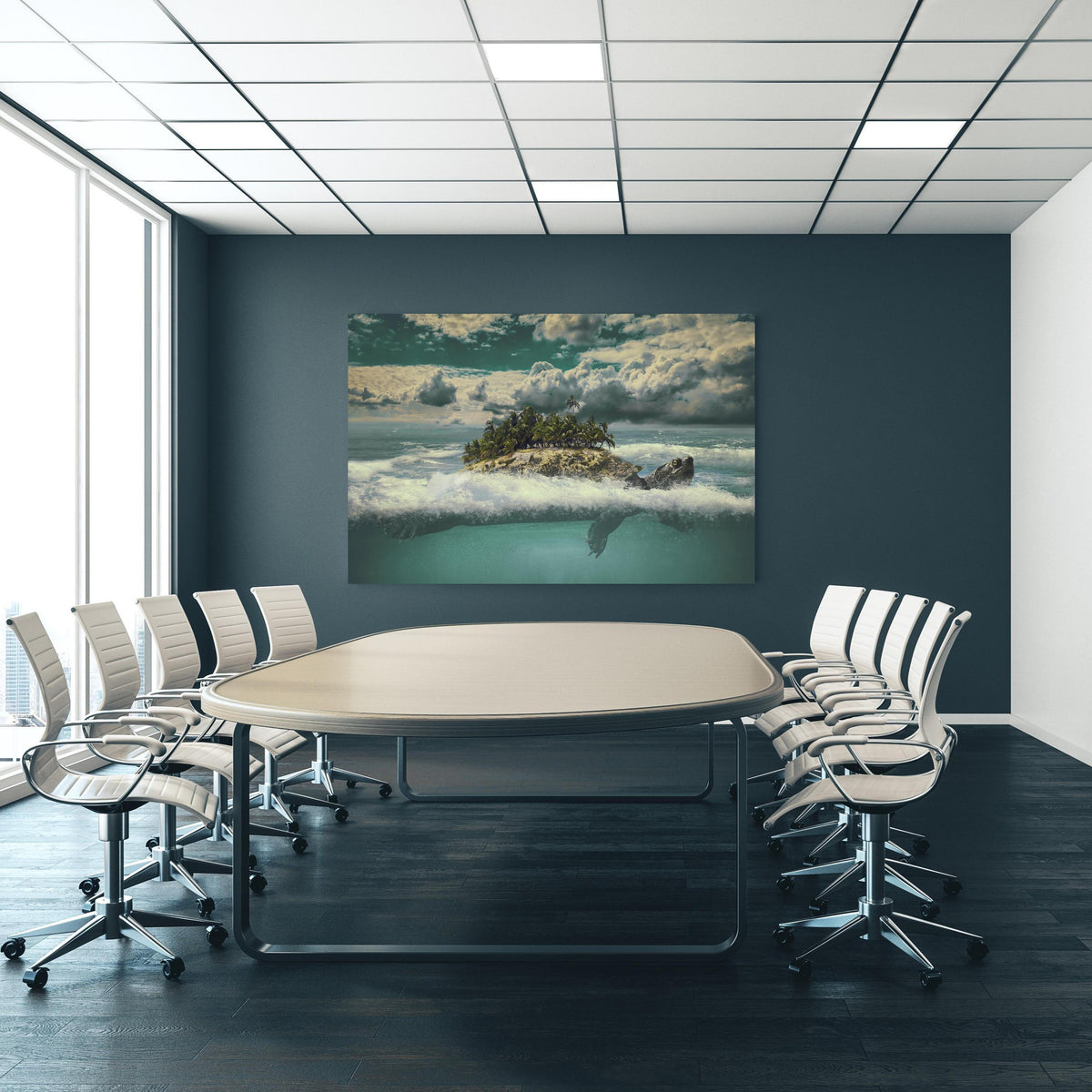 Office Poster - tropische Wanderinsel im Meer an blauer Wand in einem Besprechungsraum