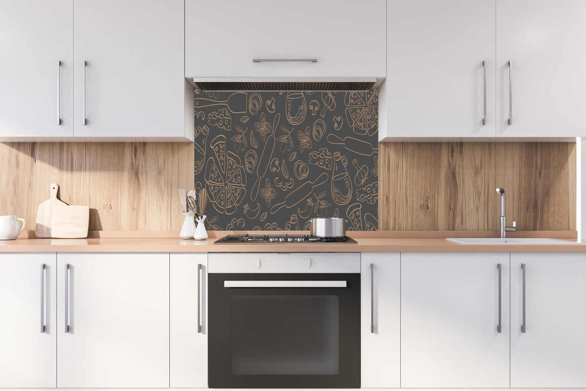 Spritzschutz - Backen & Kochen hinter einem Cerankochfeld zwischen Holz-Kochutensilien