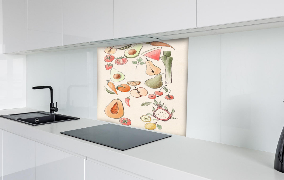 Spritzschutz - Belebendes Illustration-Design Tropischer Früchte hinter einem Cerankochfeld zwischen Holz-Kochutensilien