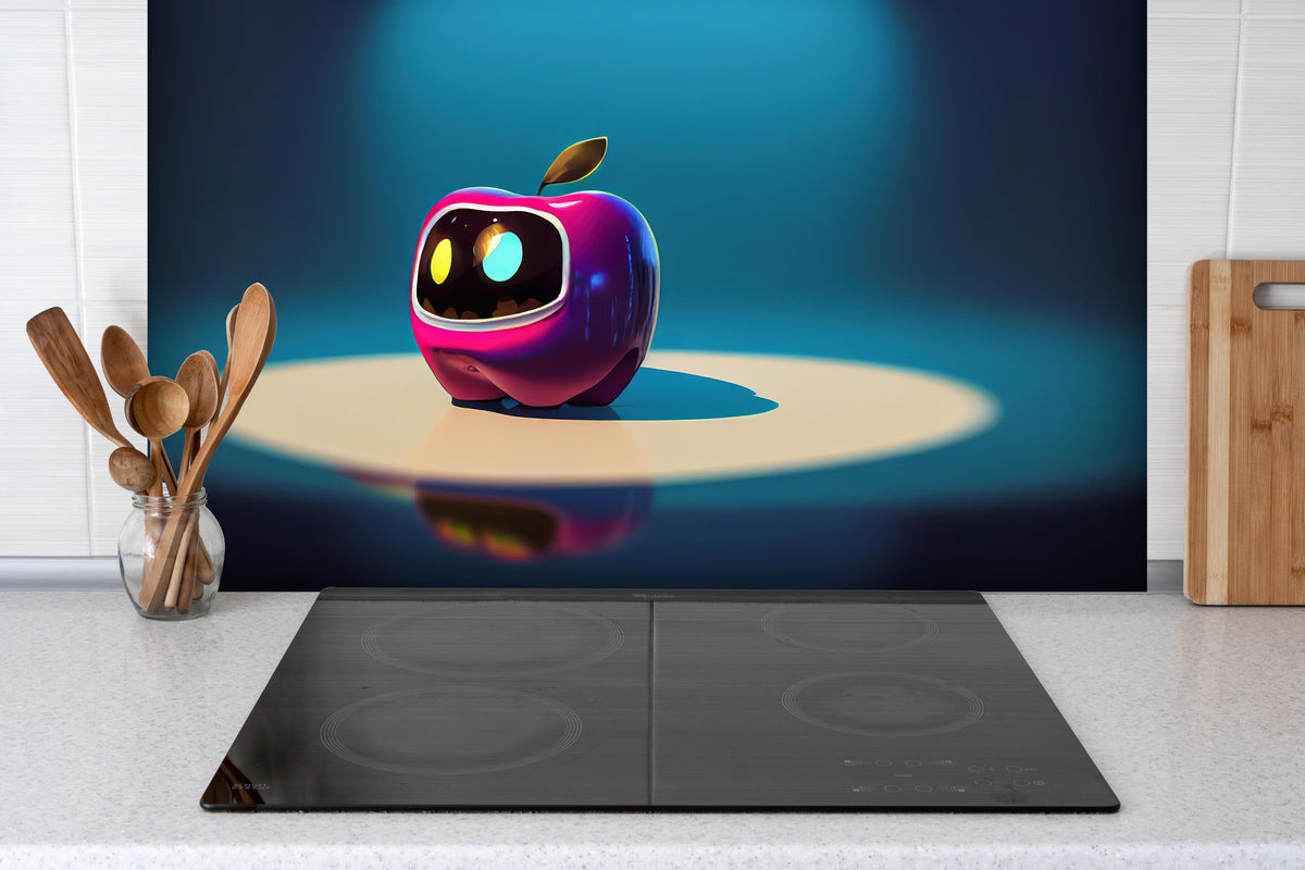 Spritzschutz - Kindermotiv - 3D Apfelroboter hinter einem Cerankochfeld zwischen Holz-Kochutensilien