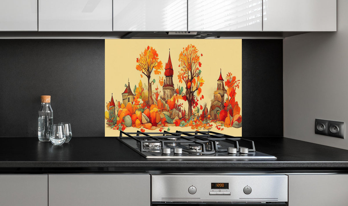 Spritzschutz - Stadt im Herbst: Illustration mit warmen Orangetönen hinter einem Cerankochfeld zwischen Holz-Kochutensilien