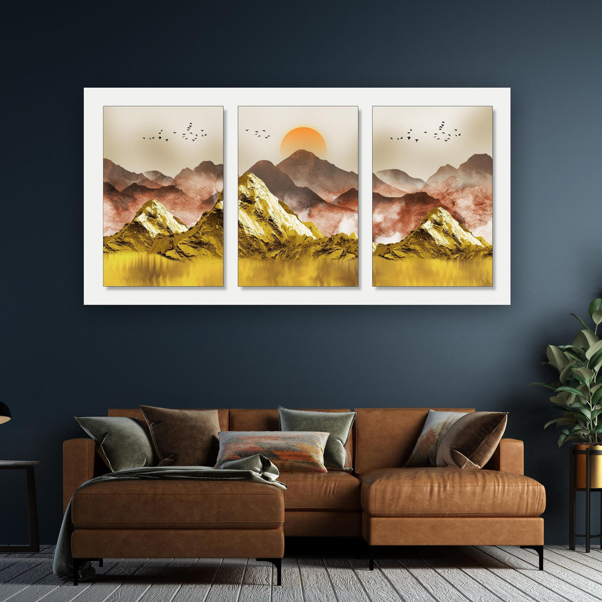 Wandbild - Abstrakte Landschaftsfotos - Tapete an dunkelgrüner Wand über klassischem Sofa