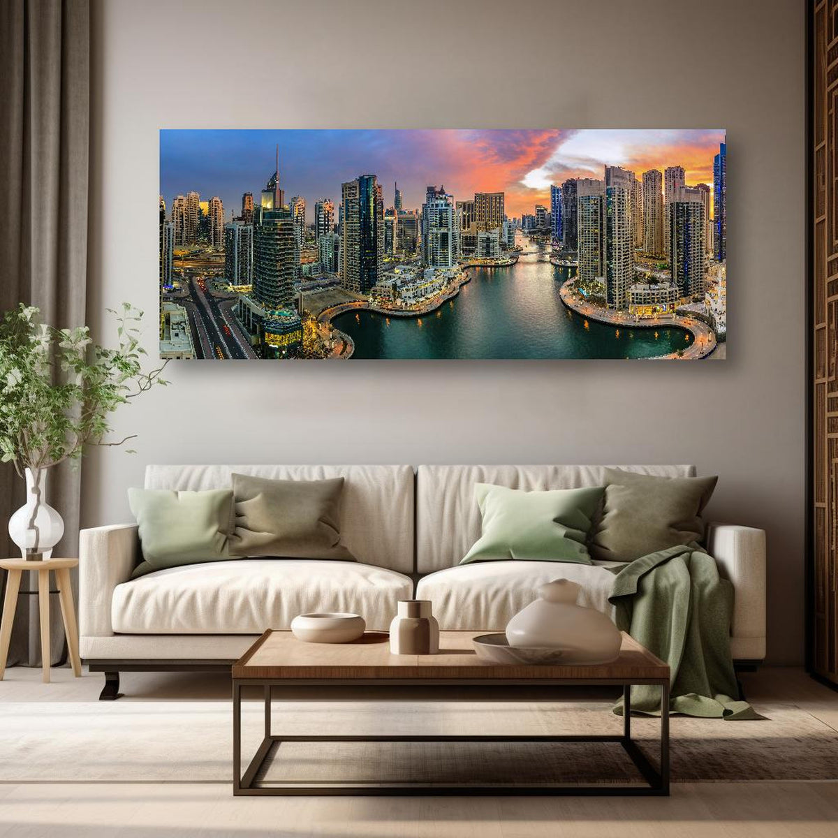 Wandbild - Dubai Yachthafen in kreativ eingerichtetem Zimmer mit moderner Vase