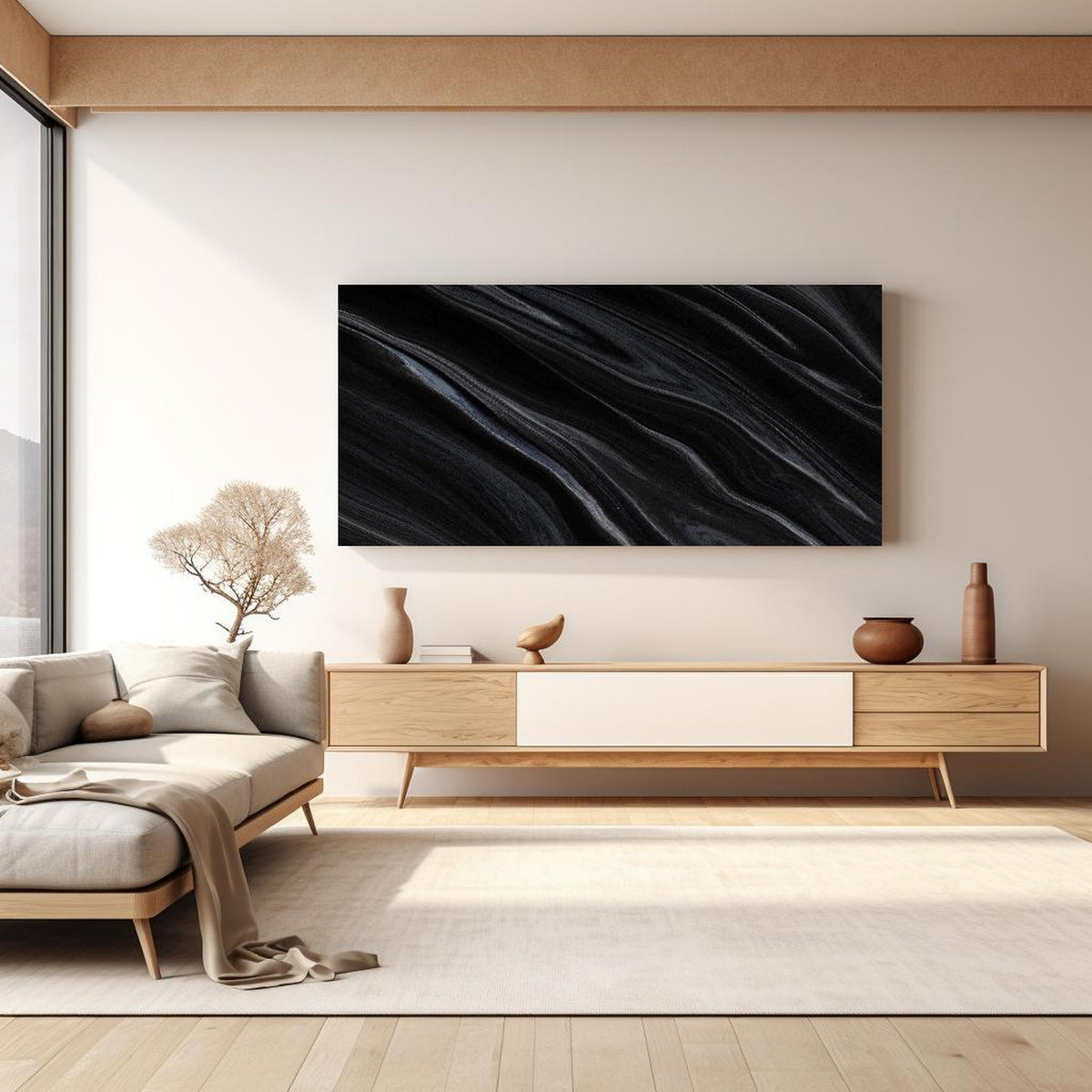 Wandbild - Dunkler Seidenhintergrund in hellem Wohnzimmer über extravaganter Kommode