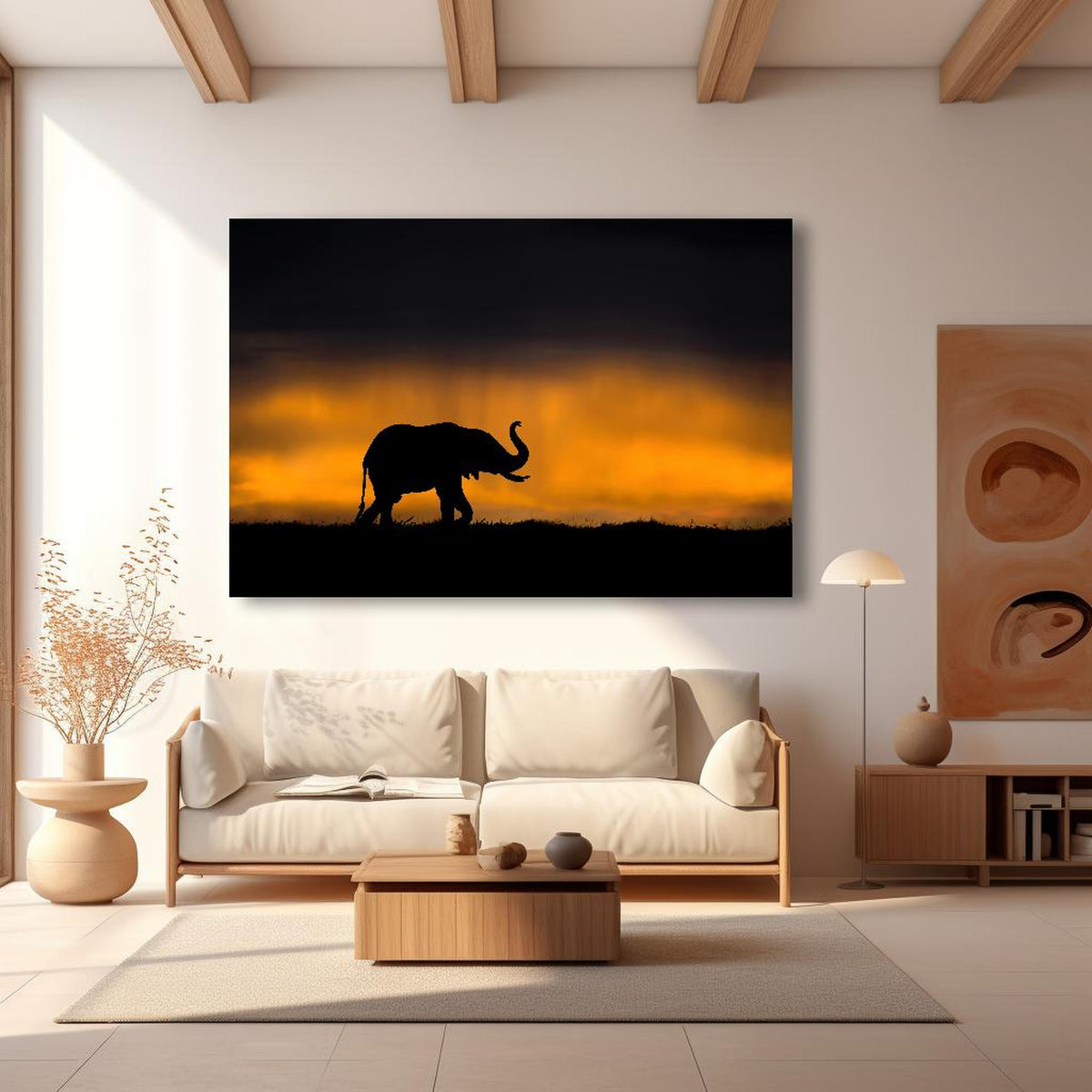 Wandbild - Elefant im Sturm in modernem Wohnzimmer im Loft-Stil