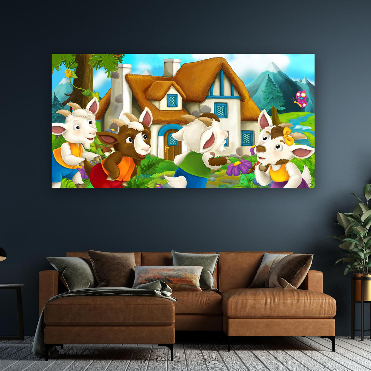 Wandbild - Fröhliche Cartoon Ziegen an dunkelgrüner Wand über klassischem Sofa