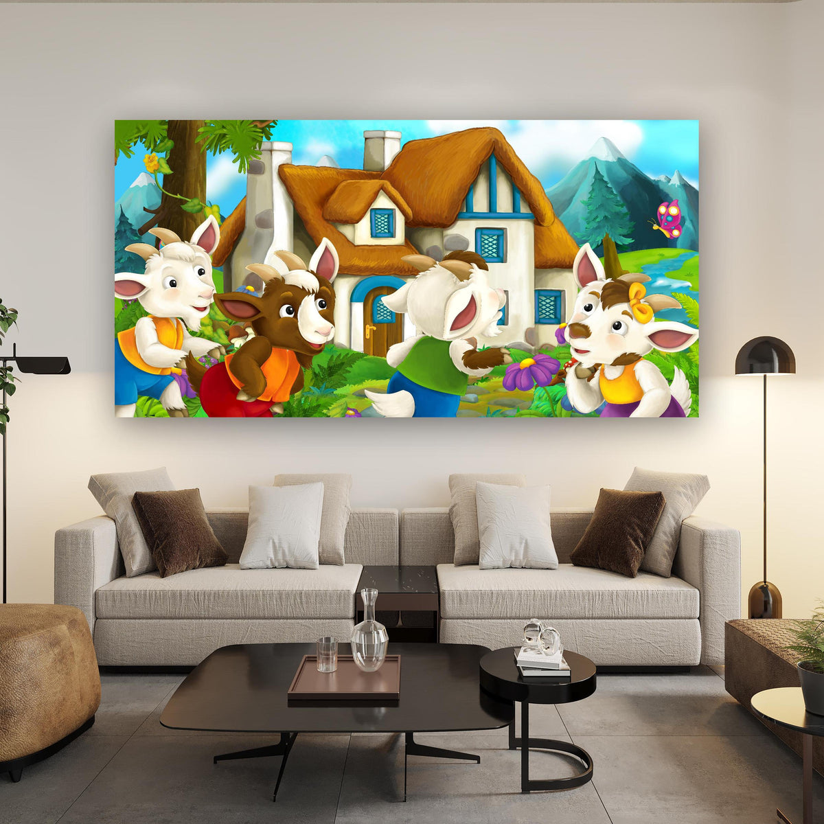 Wandbild - Fröhliche Cartoon Ziegen über Urban-Stil Couch hinter futuristischem Tisch