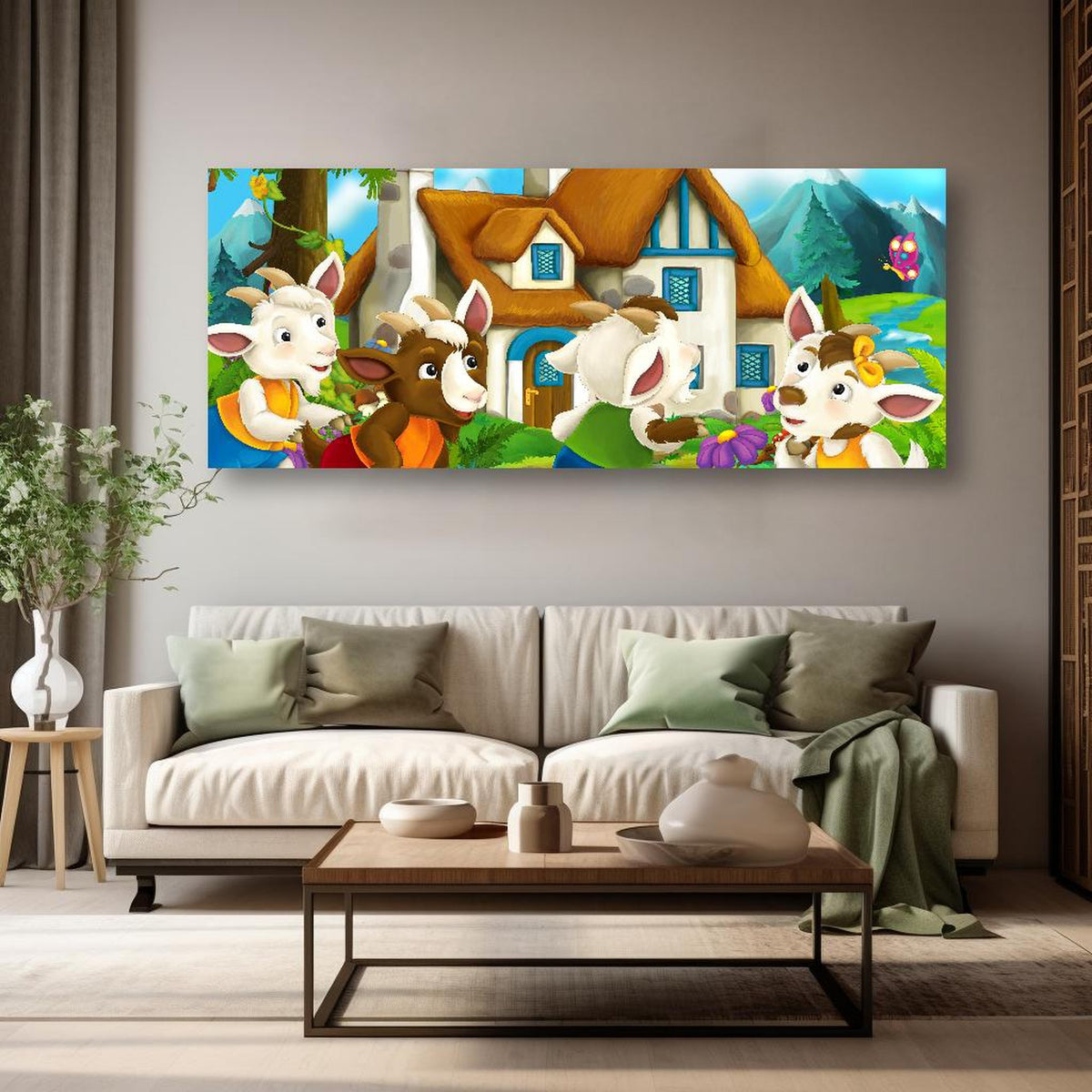 Wandbild - Fröhliche Cartoon Ziegen in kreativ eingerichtetem Zimmer mit moderner Vase