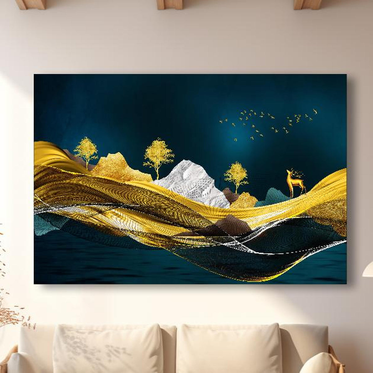 Wandbild - Goldenes Wellendesign - 3D in modernem Wohnzimmer im Loft-Stil Zoom