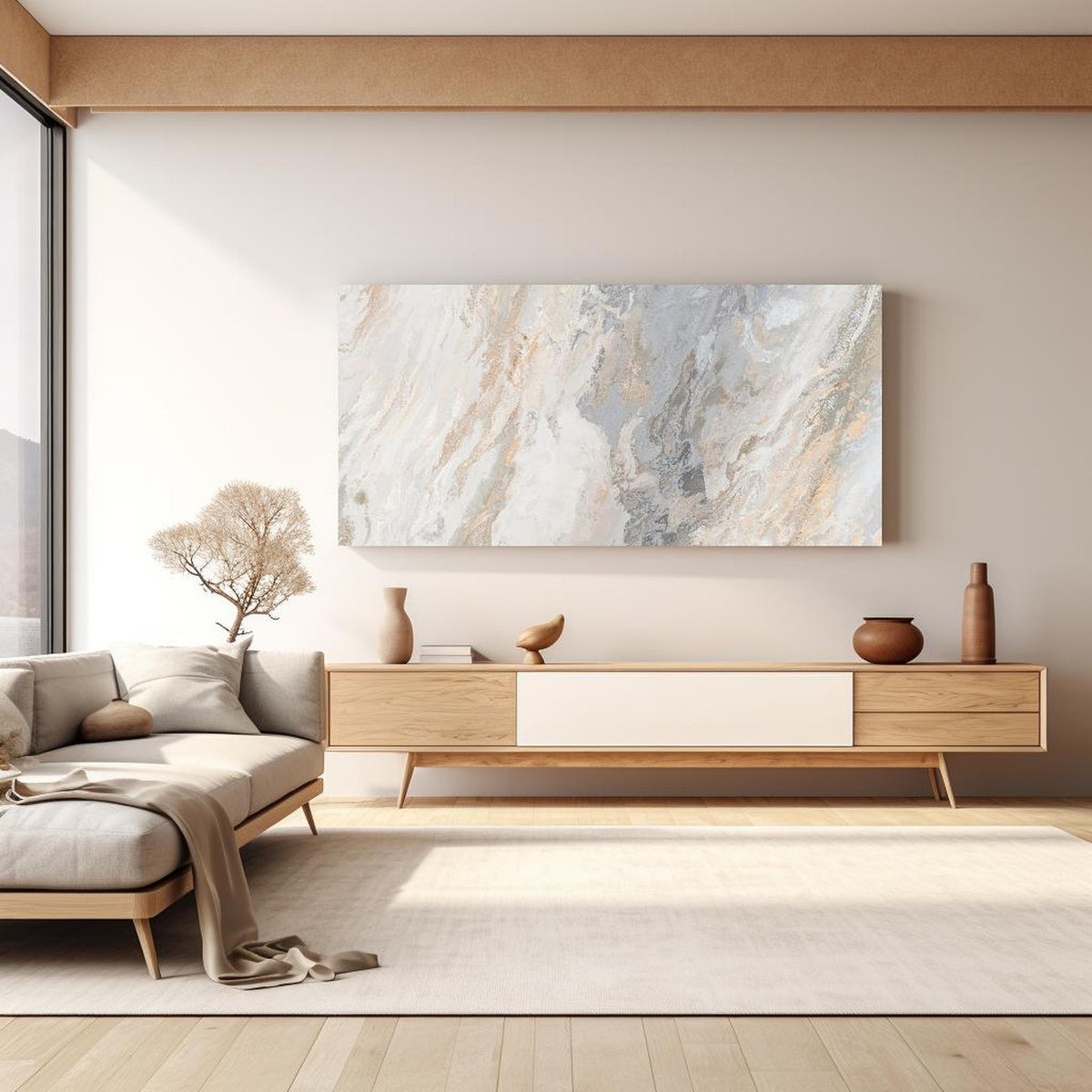 Wandbild - Gräulich-beiger matter Marmor in hellem Wohnzimmer über extravaganter Kommode