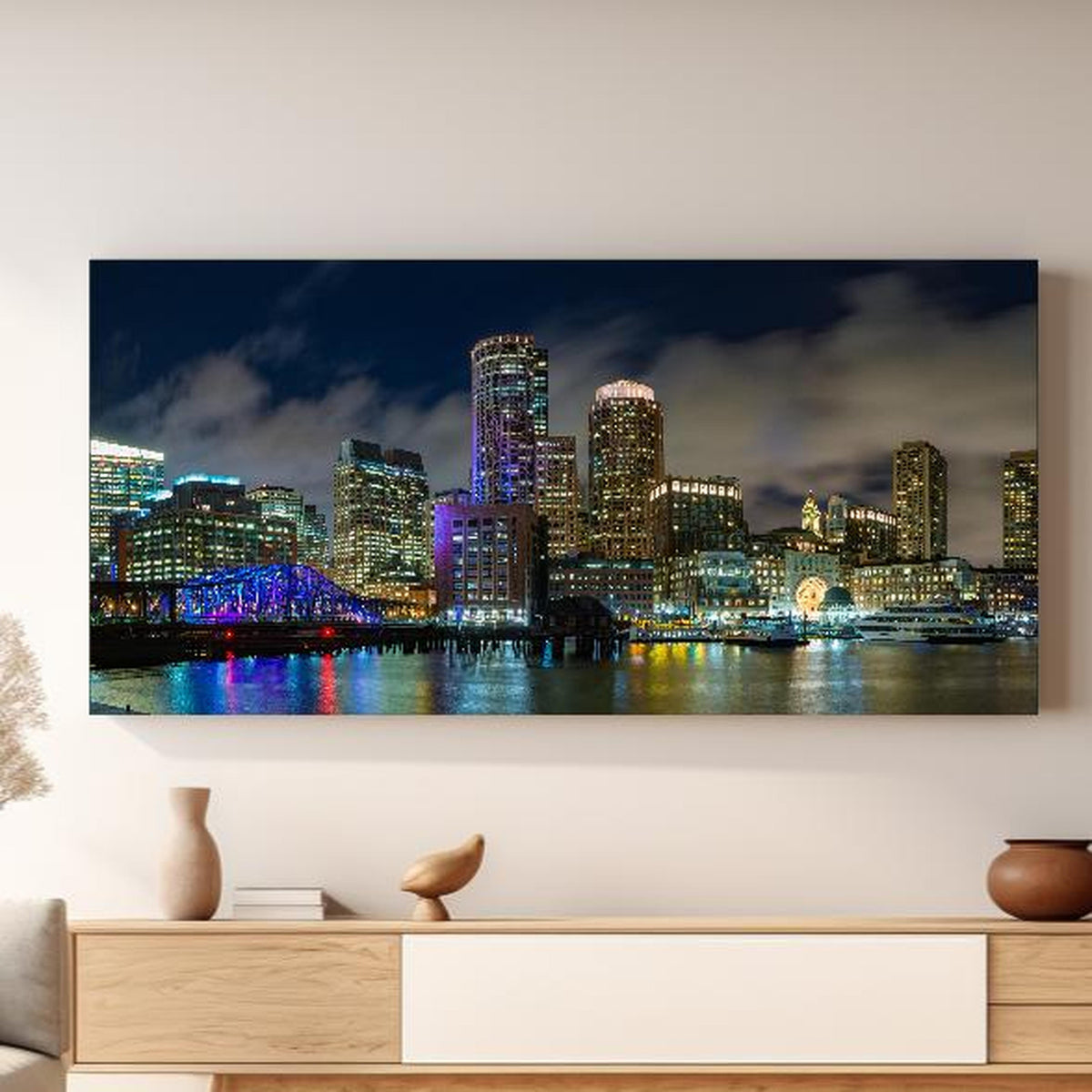 Wandbild - Hafen von Boston in hellem Wohnzimmer über extravaganter Kommode Zoom