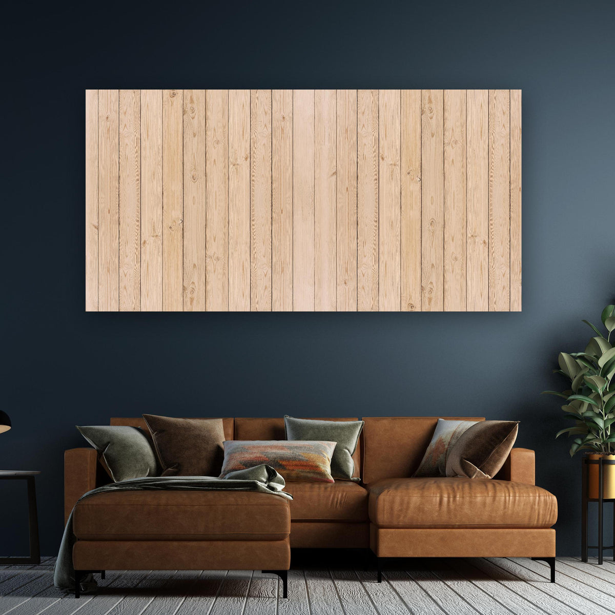 Wandbild - Helle Holzplanken an dunkelgrüner Wand über klassischem Sofa