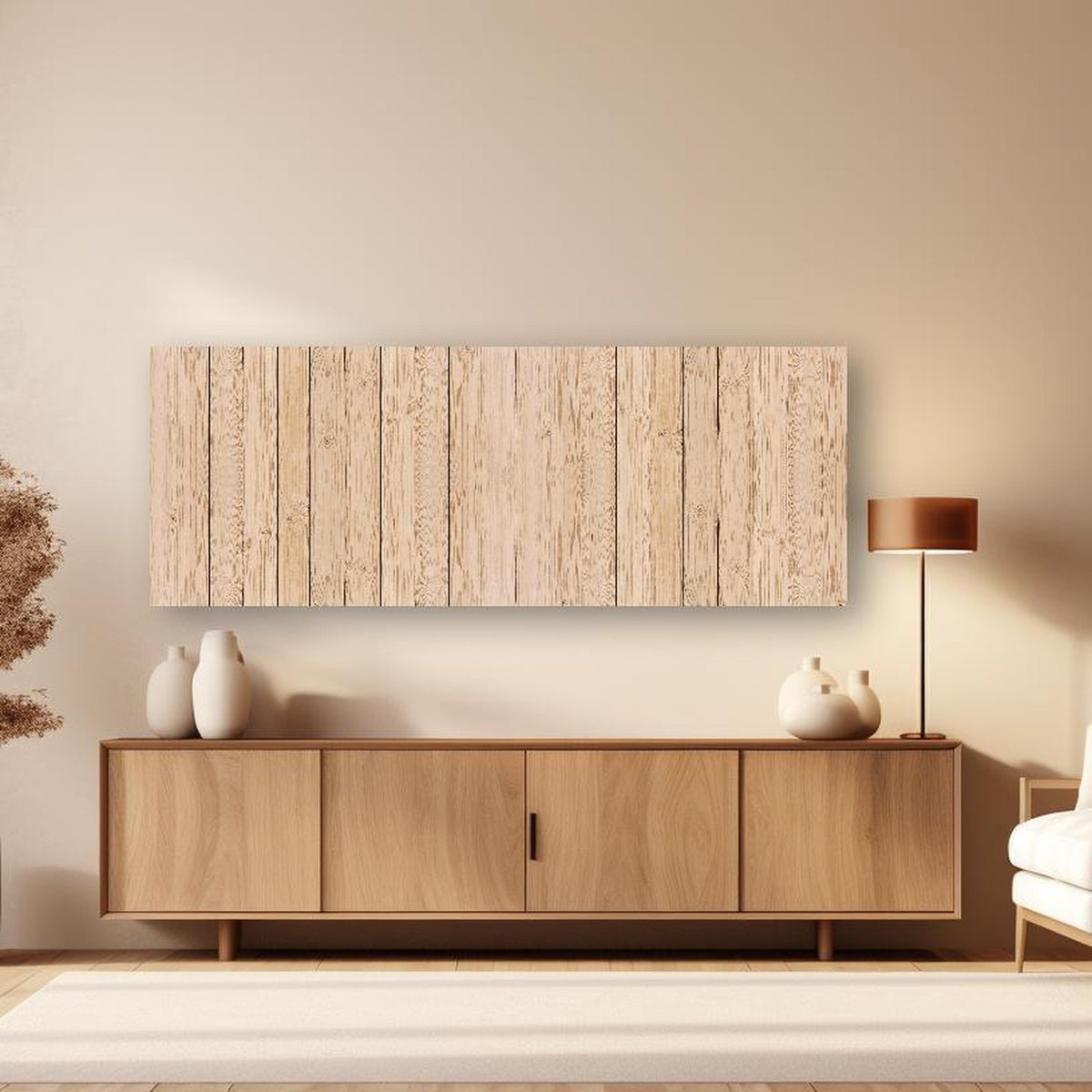 Wandbild - Helle Holzplanken in dezentem Wohnzimmer mit geölter Holzkommode